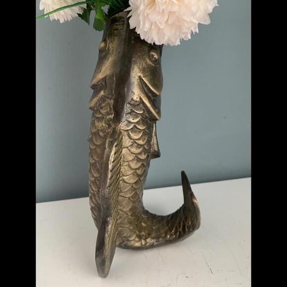 VTG Koi Fish Brass Vase Statue Sculpture Home Decor - Picture 8 of 15